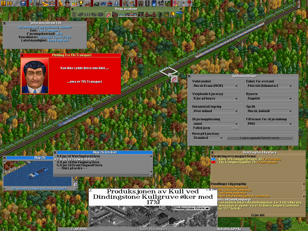To make OpenTTD more internationally... To make OpenTTD more internationally appealing, we already have over 20 translations you can choose from. In this particular screenshot the language is set to Norwegian. We can see the settings window where you can change the language amongst others (item Språk) and a failed attempt to try and sabotage a competitor’s rails.