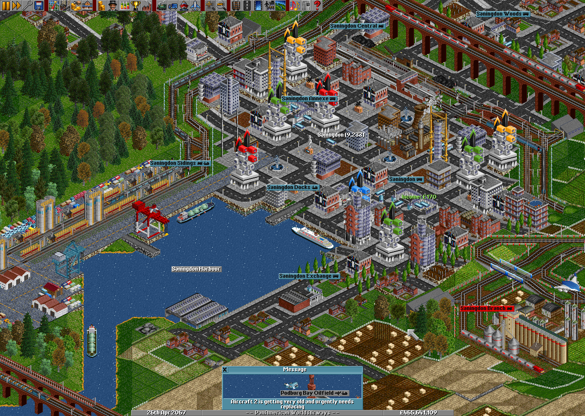 It has been the lifelong... It has been the lifelong dream of many to be able to build harbours in TTDLX. Now you can! Well, not real harbours but designs that resemble harbours which is just as good :).On this very busy screen we see some Brush ‘AL 10’ trains hauling wood (at the bottom); at the top Bursh ‘Type 4’transporting livestock. A luxury oceanliner is waiting for passangers and a futuristic JTech J-1 Roku from the excellent AV8 set is leaving the screen at high speed on the right.