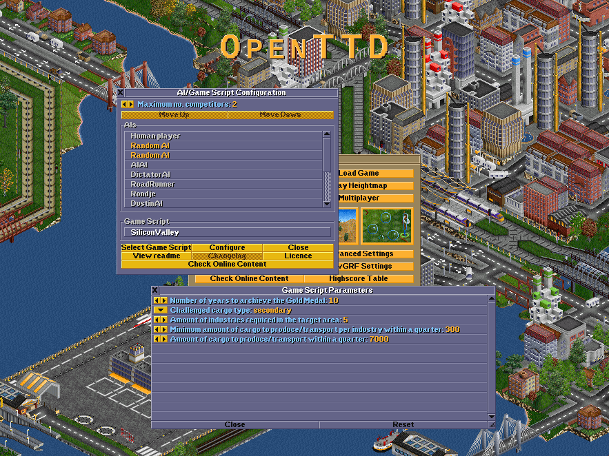 In the AI/Game Script dialog, you can select a game script and set its configuration parameters. Each script can add their own configuration options.