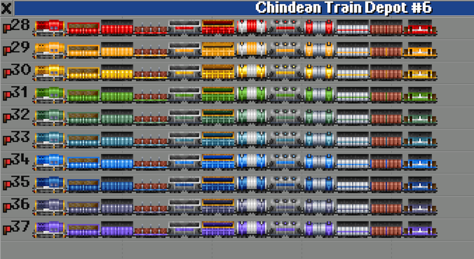 OpenTTD 1.9.0 added an awesome feature to set company colours per vehicle group.  Shown here with the Iron Horse train grf.