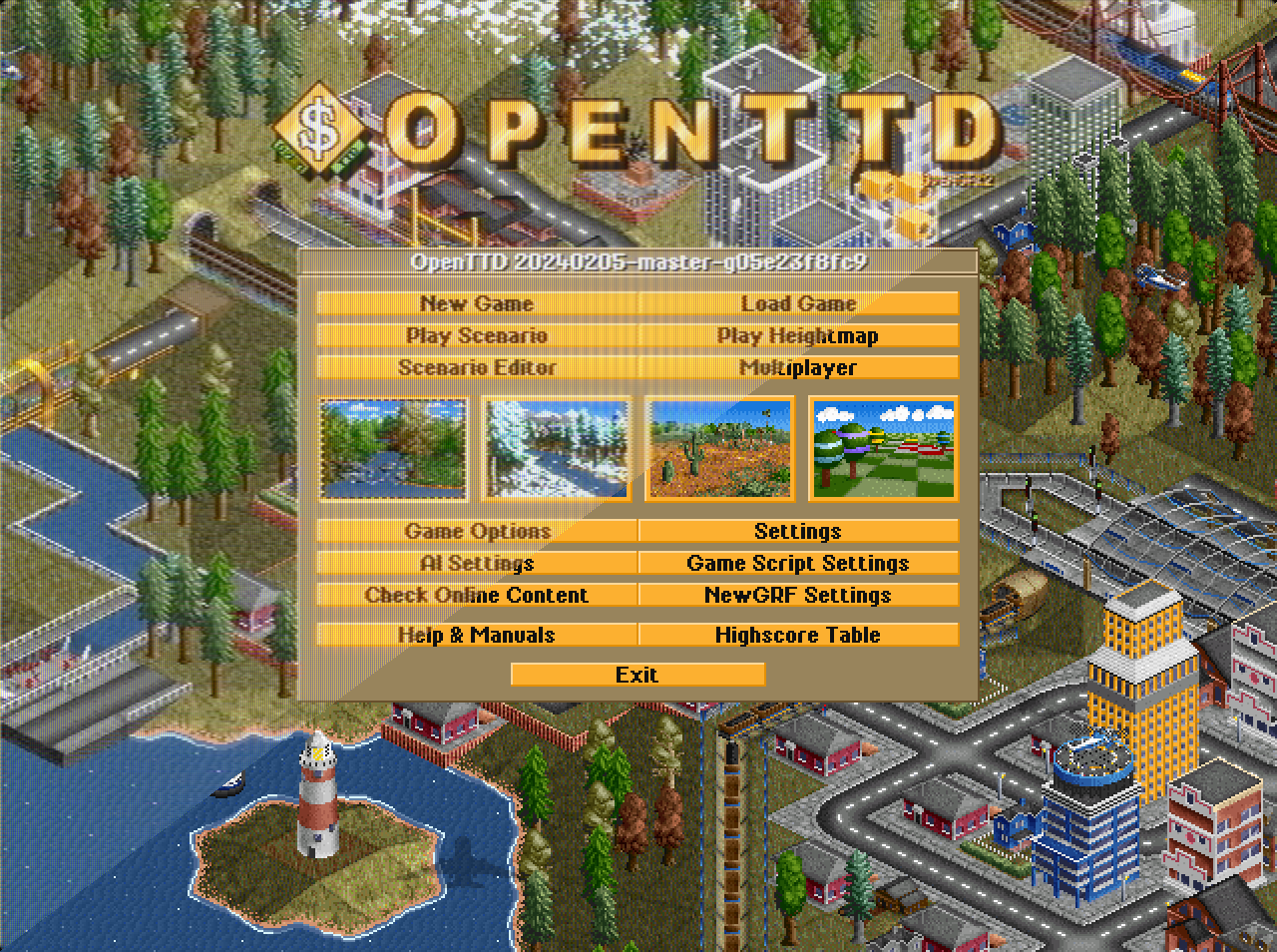 Composite of a simulated CRT and modern screenshot of OpenTTD